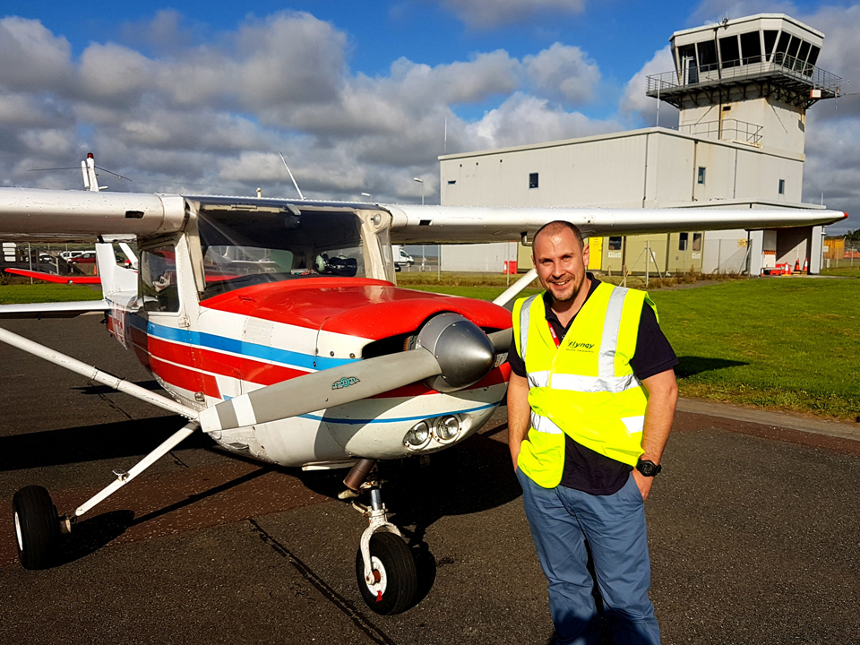 Recently qualified pilot, Tim with our Cessna 152 at Cornwall Airport Newquay.