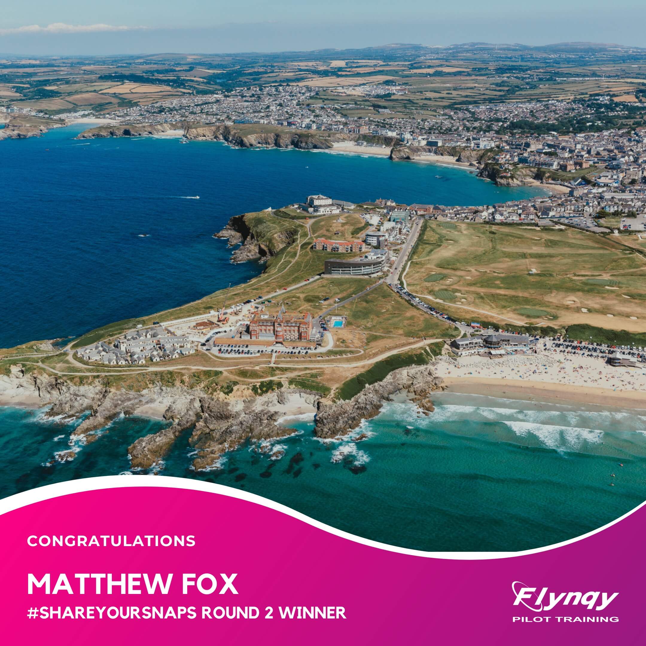 #ShareYourSnaps Round 2 Winner: Matthew Fox - Aerial view of The Headland Hotel, Fistral Beach and Newquay Bay in North Cornwall