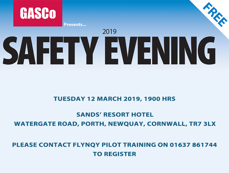 GASCo Safety Evening at Cornwall Airport Newquay - 'I have control' promotional banner.
