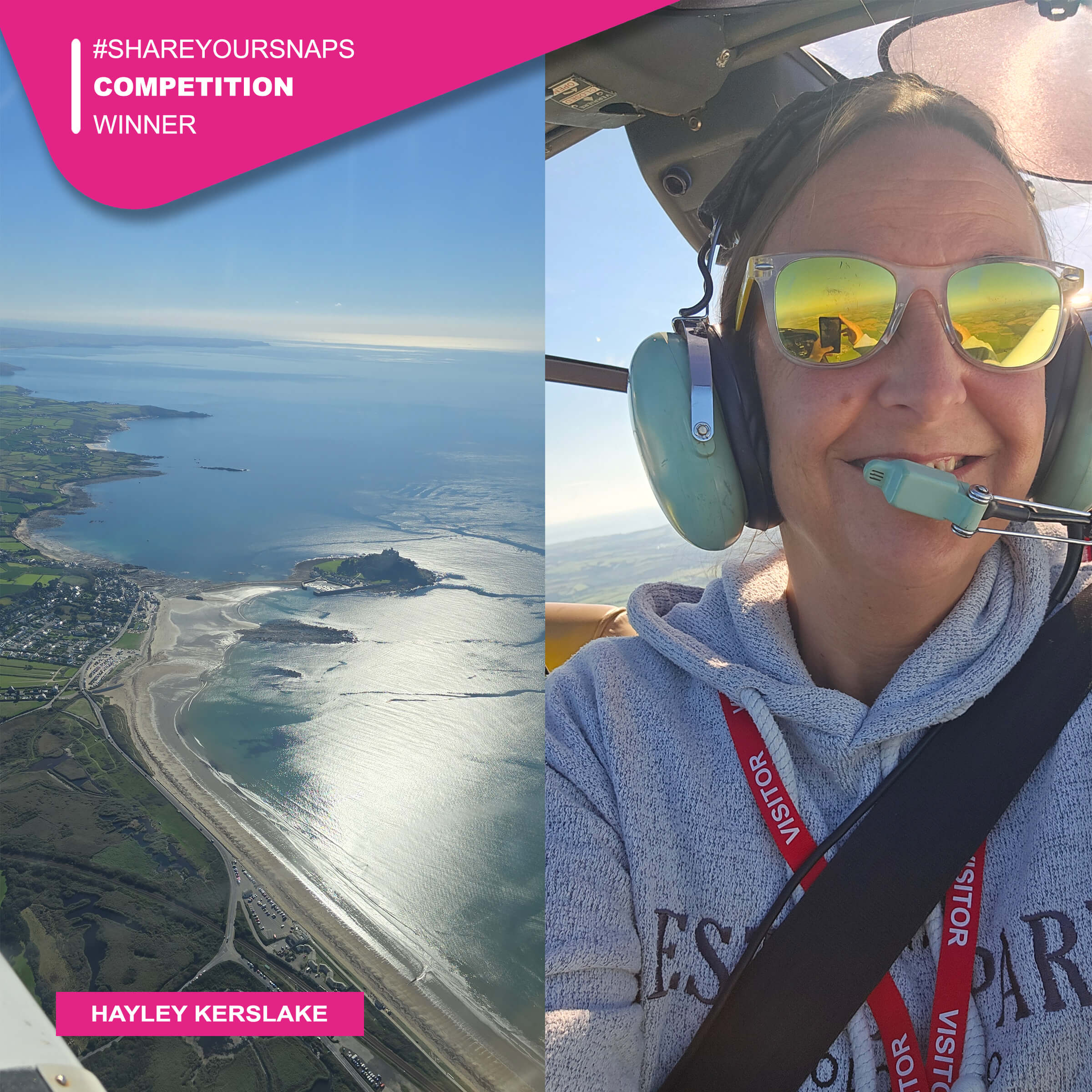 #ShareYourSnaps Winner: Hayley Kerslake - #ShareYourSnaps September 2025 Runner-Up: Hayley Kerslake - Calm and serene aerial photo of St Michael's Mount, Marazion and the causeway at low tide. Accompanied by a in-flight photo of Hayley with cockpit reflection in sunglasses