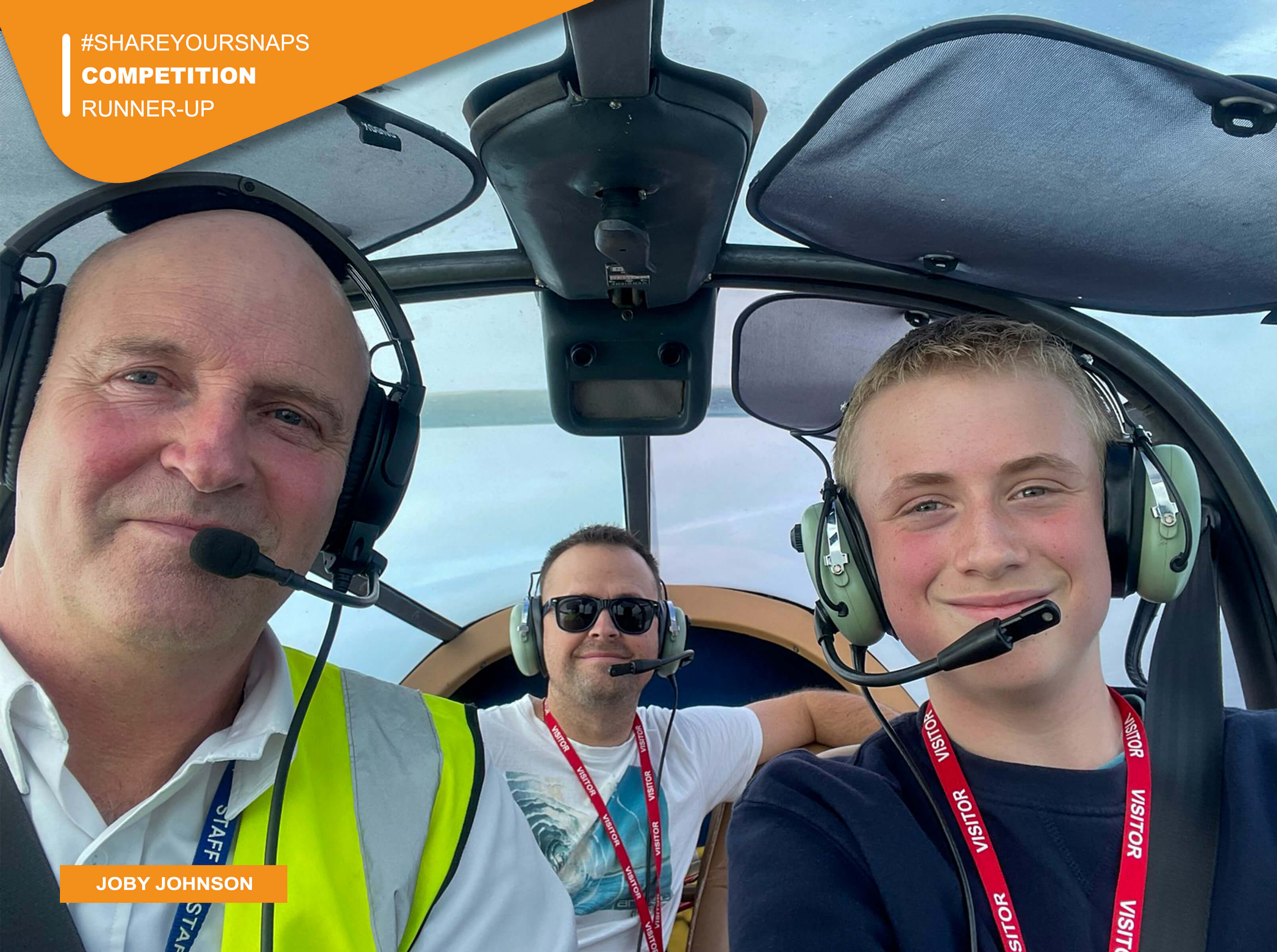 #ShareYourSnaps Winner: Joby Johnson - #ShareYourSnaps October 2025 Runner-Up: Mid-air cockpit selfie of Joby Johnson (front right), with his father (back middle) and instructor Matthew Culverhouse (front left), on a flight experience in our Robin R3000.